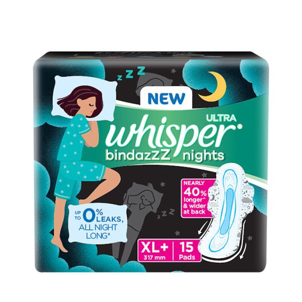 WHISPER BINDAZZZ NIGHTS (XL+ 15 PADS) UPTO 0% LEAKS ALL NIGHT LONG